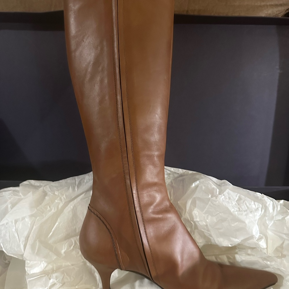 Prada Women's Tan Leather Heeled Boots - Picture 4 of 8